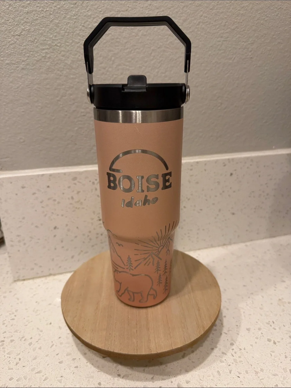 Boise Idaho Freeze Peach Stainless Travel Tumbler with Boise Design NWT Flip Top